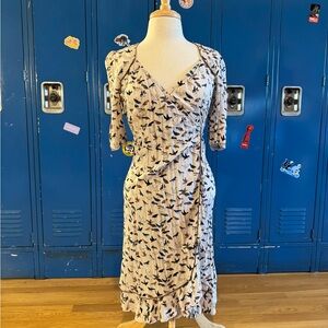 Traffic People Cream and Black Bird Crow Print Midi Dress